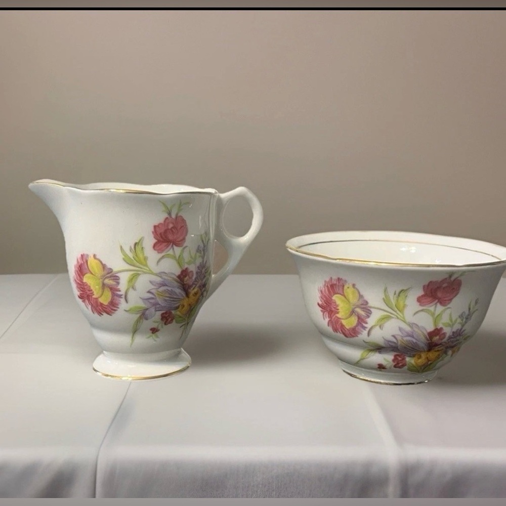 Vtg Creamer & Sugar Bowl Porcelain Floral Set w Gold Trim Royal Stafford England